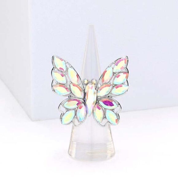 Butterfly Aurora Borealis Marquise Rhinestone Silver Stretch Ring NWT - Picture 3 of 6
